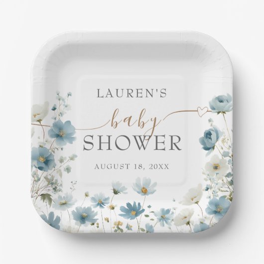 Blue Preppy Flowers Watercolor Baby Shower ペーパープレート (正面)