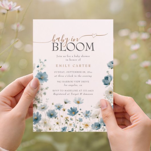 Blue Preppy Flowers Watercolor Baby Shower 招待状