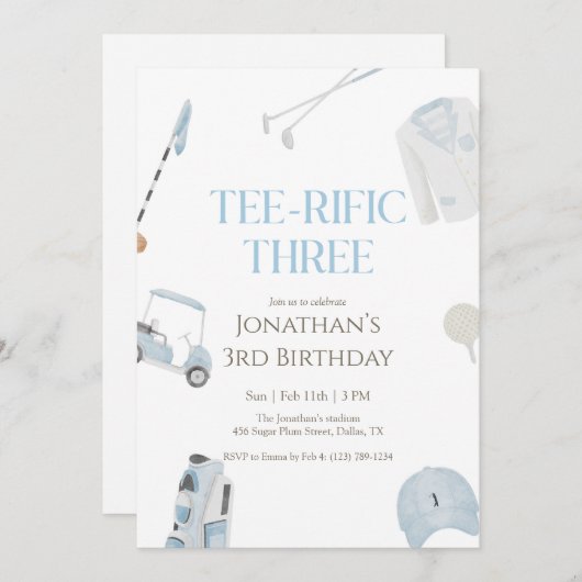 Blue Preppy Tee-Rific Three Golf Birthday 招待状 (正面/裏面)