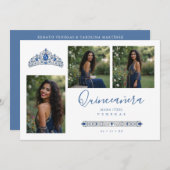 Blue Princess Quinceañera Tiara 3-Photos Spanish 招待状 (正面/裏面)