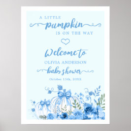 Blue Pumpkin Bow Boy Baby Shower Welcome ポスター