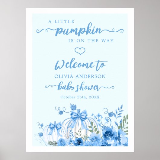 Blue Pumpkin Bow Boy Baby Shower Welcome ポスター (正面)