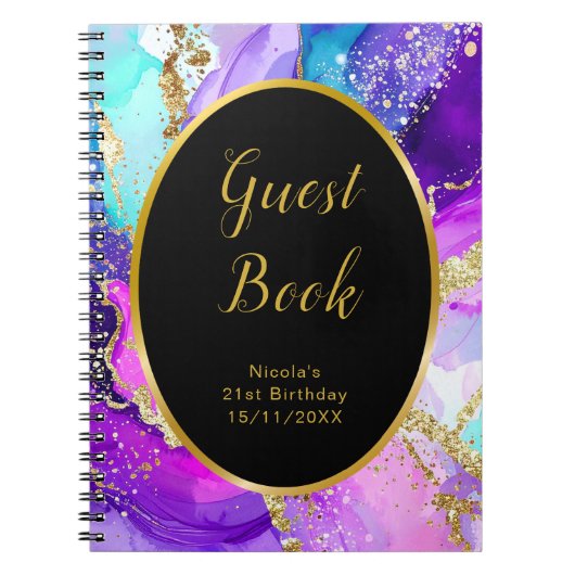 Blue, Purple and Gold Birthday Party Guest Book ノートブック (正面)