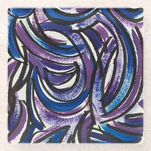 Blue Purple Brushstrokes-Hand Painted Abstract ガラスコースター (正面)