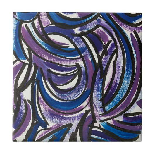 Blue Purple Brushstrokes-Hand Painted Abstract タイル (正面)