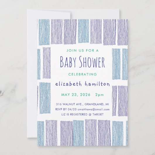 Blue & Purple Drawn Stripes Baby Shower Invitation 招待状 (正面)