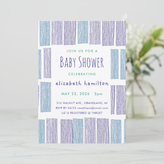 Blue & Purple Drawn Stripes Baby Shower Invitation 招待状 (スタンド正面)