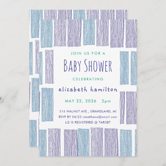 Blue & Purple Drawn Stripes Baby Shower Invitation 招待状 (正面/裏面)