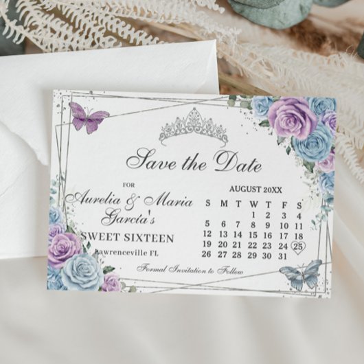 Blue Purple Floral Twins Sweet 16 Quince Calendar セーブザデート