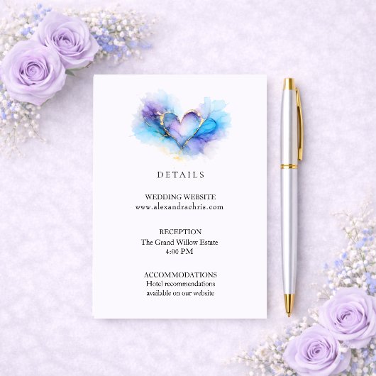 Blue Purple Gold Abstract Heart Wedding Details エンクロージャーカード