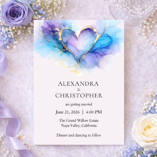 Blue Purple Gold Abstract Heart Wedding Invitation 招待状