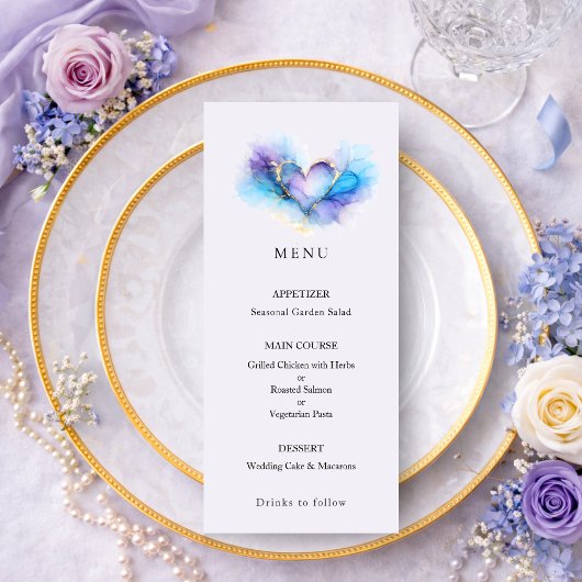 Blue Purple Gold Abstract Heart Wedding Menu メニュー