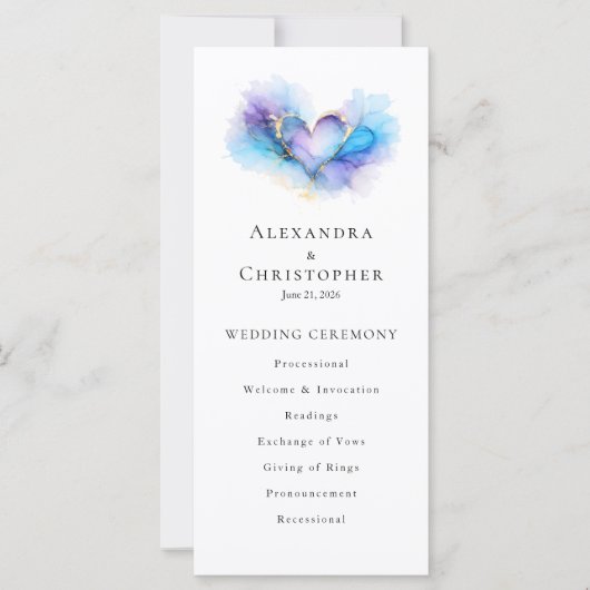Blue Purple Gold Abstract Heart Wedding Program (正面)