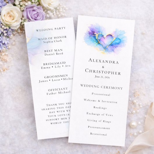 Blue Purple Gold Abstract Heart Wedding Program 