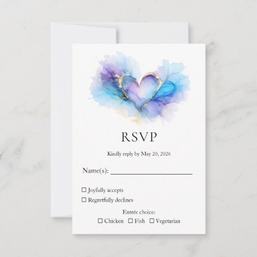 Blue Purple Gold Abstract Heart Wedding RSVP (正面)