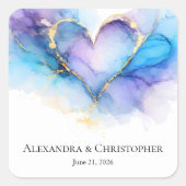 Blue Purple Gold Abstract Heart Wedding Sticker スクエアシール (正面)