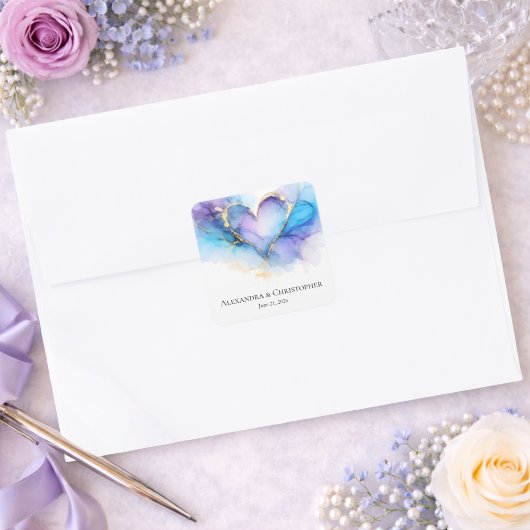 Blue Purple Gold Abstract Heart Wedding Sticker スクエアシール