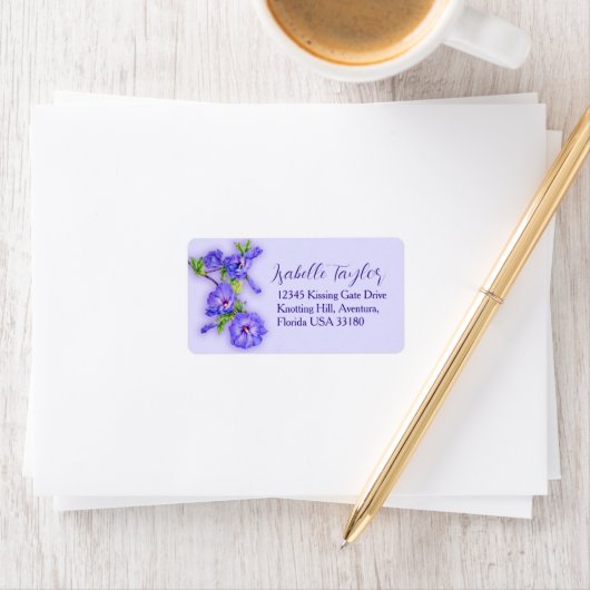 Blue purple hibiscus flower wedding reply label ラベル (インサイチュ)