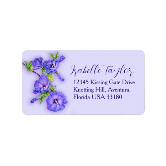 Blue purple hibiscus flower wedding reply label ラベル (正面)