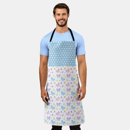 BLUE PURPLE PINK EASTER BOWS & EGGS エプロン (着用した状態)