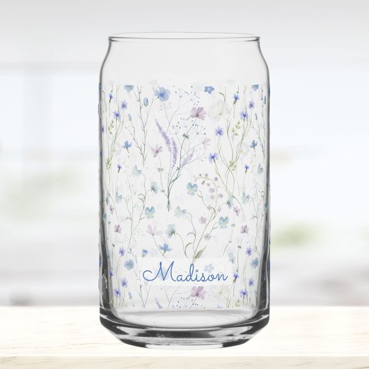 Blue Purple Pretty Wildflower Floral Pattern ガラス缶