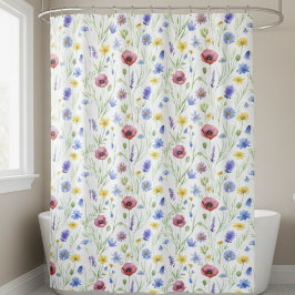 Blue Purple Red Watercolor Wildflower シャワーカーテン