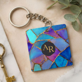 Blue Purple Turquoise Gold Abstract Mosaic キーホルダー
