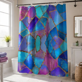 Blue Purple Turquoise Gold Abstract Mosaic シャワーカーテン