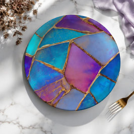 Blue Purple Turquoise Gold Abstract Mosaic ペーパープレート
