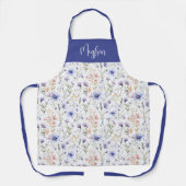 Blue Purple Watercolor Wildflower Custom Name エプロン (正面)