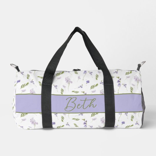 Blue Purple Watercolor Wildflower Monogram Duffle  ダッフルバッグ (正面)
