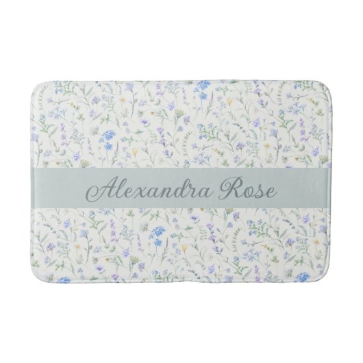 Blue Purple Watercolor Wildflower Monogram Name バスマット (正面)
