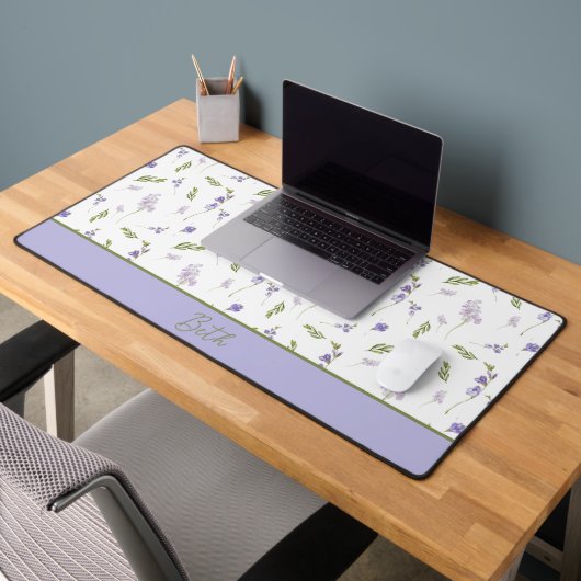 Blue Purple Watercolor Wildflower Monogram Name De デスクマット (オフィス2)