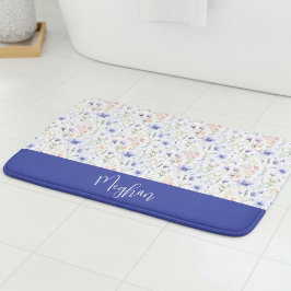 Blue Purple Watercolor Wildflower Name Monogram バスマット