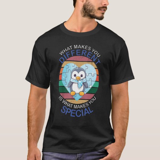Blue Puzzle Autism Child Awareness Penguin Tシャツ (正面)