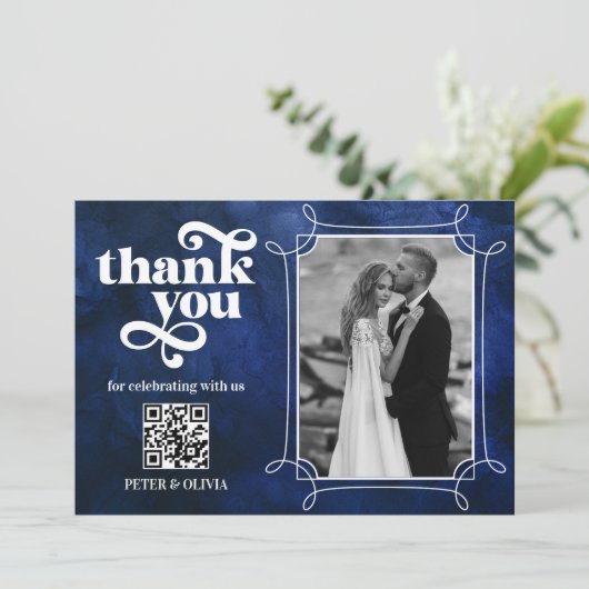 Blue QR Code Bold Typography Thank you Card 招待状 (スタンド正面)