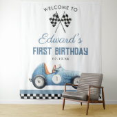 Blue Race Car 1st Birthday Photo Backdrop タペストリー (インサイチュ)