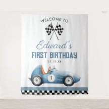 Blue Race Car 1st Birthday Photo Backdrop