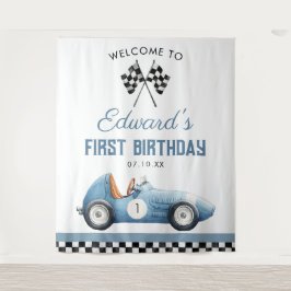 Blue Race Car 1st Birthday Photo Backdrop タペストリー