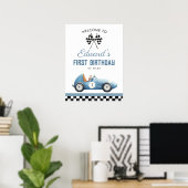 Blue Race Car 1st Birthday Welcome Sign ポスター (ホームオフィス)