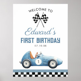 Blue Race Car 1st Birthday Welcome Sign ポスター
