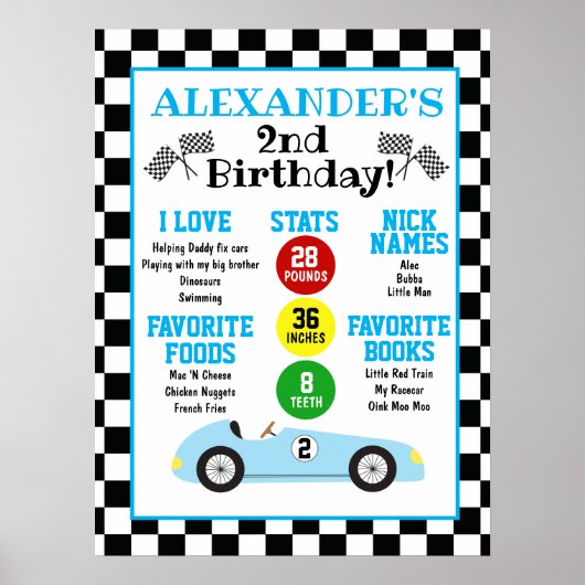 Blue Race Car 2nd Birthday Milestone Poster  ポスター (正面)