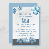 Blue Race Car 4th Birthday Party Invitation 招待状 (正面/裏面)