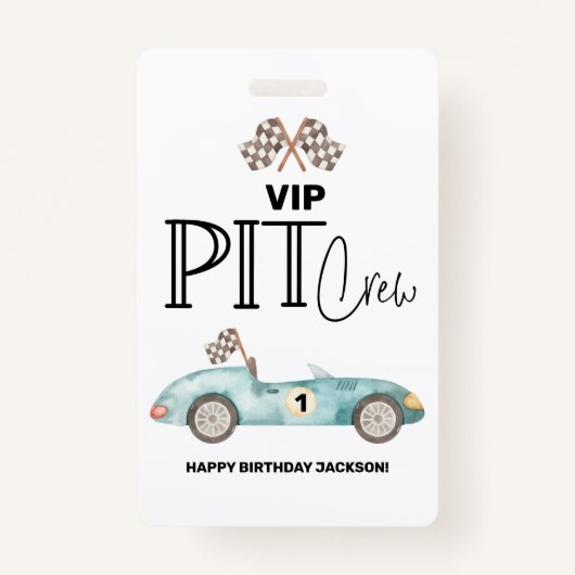 Blue Race car Birthday, any age, VIP PIT CREW バッジ (正面)