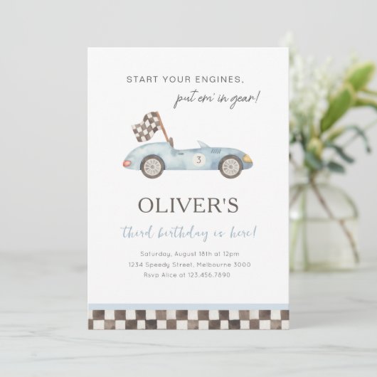  Blue Race Car Birthday Party Any Age 招待状 (スタンド正面)