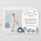 Blue Race Car Boy Birthday Party Photo サンキューカード (正面)