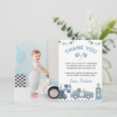 Blue Race Car Boy Birthday Party Photo サンキューカード (スタンド正面)