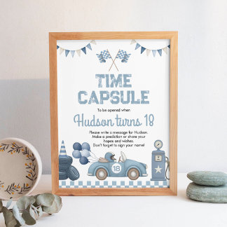 Blue Race Car Boy Birthday Time Capsule Sign ポスター