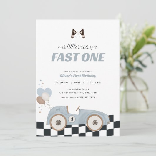 Blue Race Car Fast One First Birthday Invite  招待状 (スタンド正面)