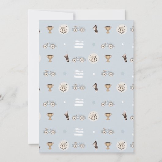 Blue Race Car Fast One First Birthday Invite  招待状 (裏面)